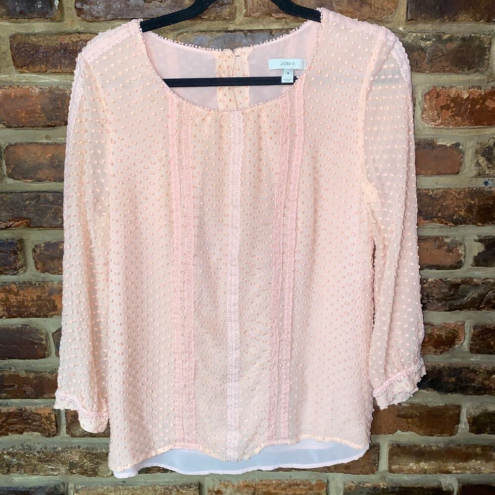J. Crew Pink Silk Blend Swiss Dot Long Sleeve Button-Back Blouse Women's Size 6